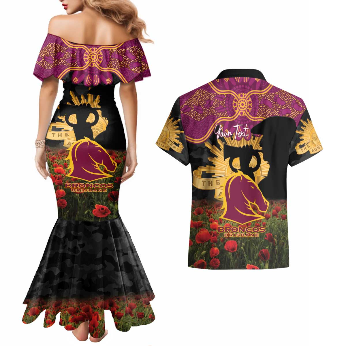 Personalised Brisbane Broncos Rugby ANZAC Day Couples Matching Mermaid Dress and Hawaiian Shirt Last Post Poppy We Will Remember Them