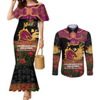 Personalised Brisbane Broncos Rugby ANZAC Day Couples Matching Mermaid Dress and Long Sleeve Button Shirt Last Post Poppy We Will Remember Them