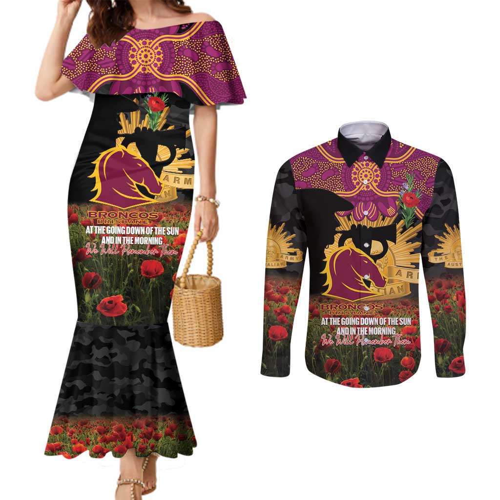 Personalised Brisbane Broncos Rugby ANZAC Day Couples Matching Mermaid Dress and Long Sleeve Button Shirt Last Post Poppy We Will Remember Them