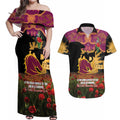 Personalised Brisbane Broncos Rugby ANZAC Day Couples Matching Off Shoulder Maxi Dress and Hawaiian Shirt Last Post Poppy We Will Remember Them
