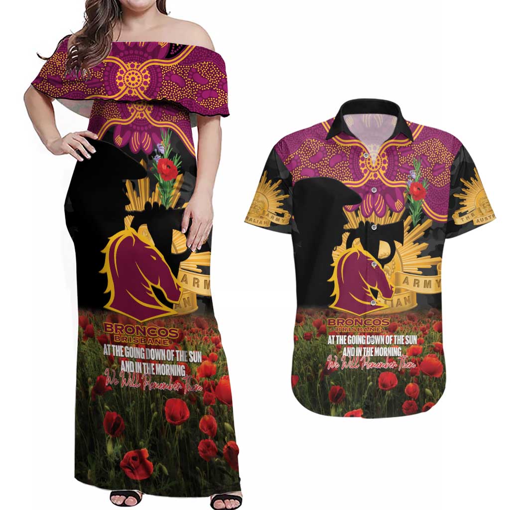 Personalised Brisbane Broncos Rugby ANZAC Day Couples Matching Off Shoulder Maxi Dress and Hawaiian Shirt Last Post Poppy We Will Remember Them