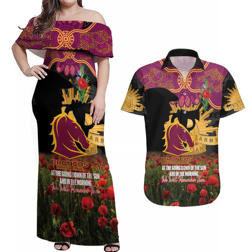 Personalised Brisbane Broncos Rugby ANZAC Day Couples Matching Off Shoulder Maxi Dress and Hawaiian Shirt Last Post Poppy We Will Remember Them