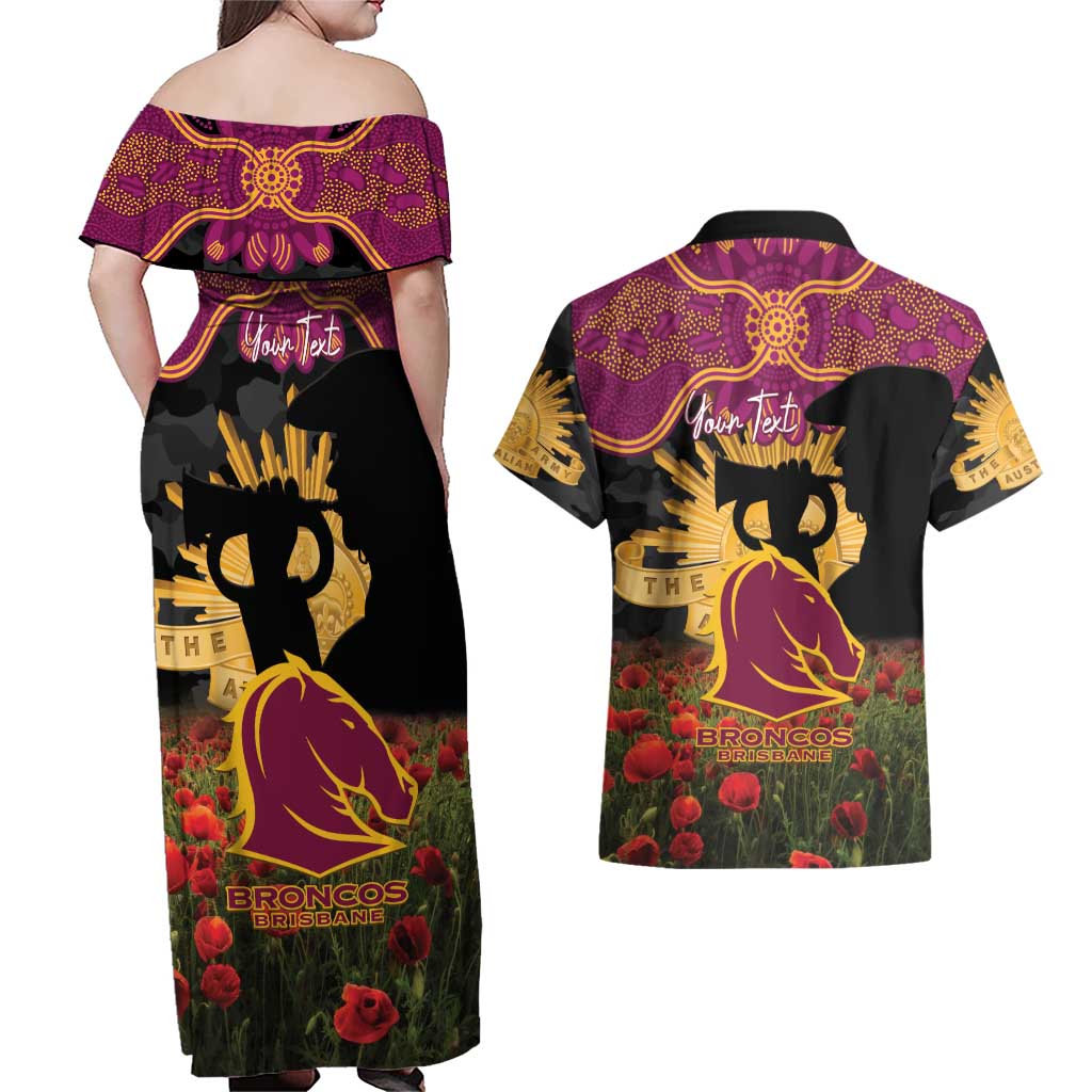 Personalised Brisbane Broncos Rugby ANZAC Day Couples Matching Off Shoulder Maxi Dress and Hawaiian Shirt Last Post Poppy We Will Remember Them