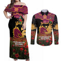Personalised Brisbane Broncos Rugby ANZAC Day Couples Matching Off Shoulder Maxi Dress and Long Sleeve Button Shirt Last Post Poppy We Will Remember Them