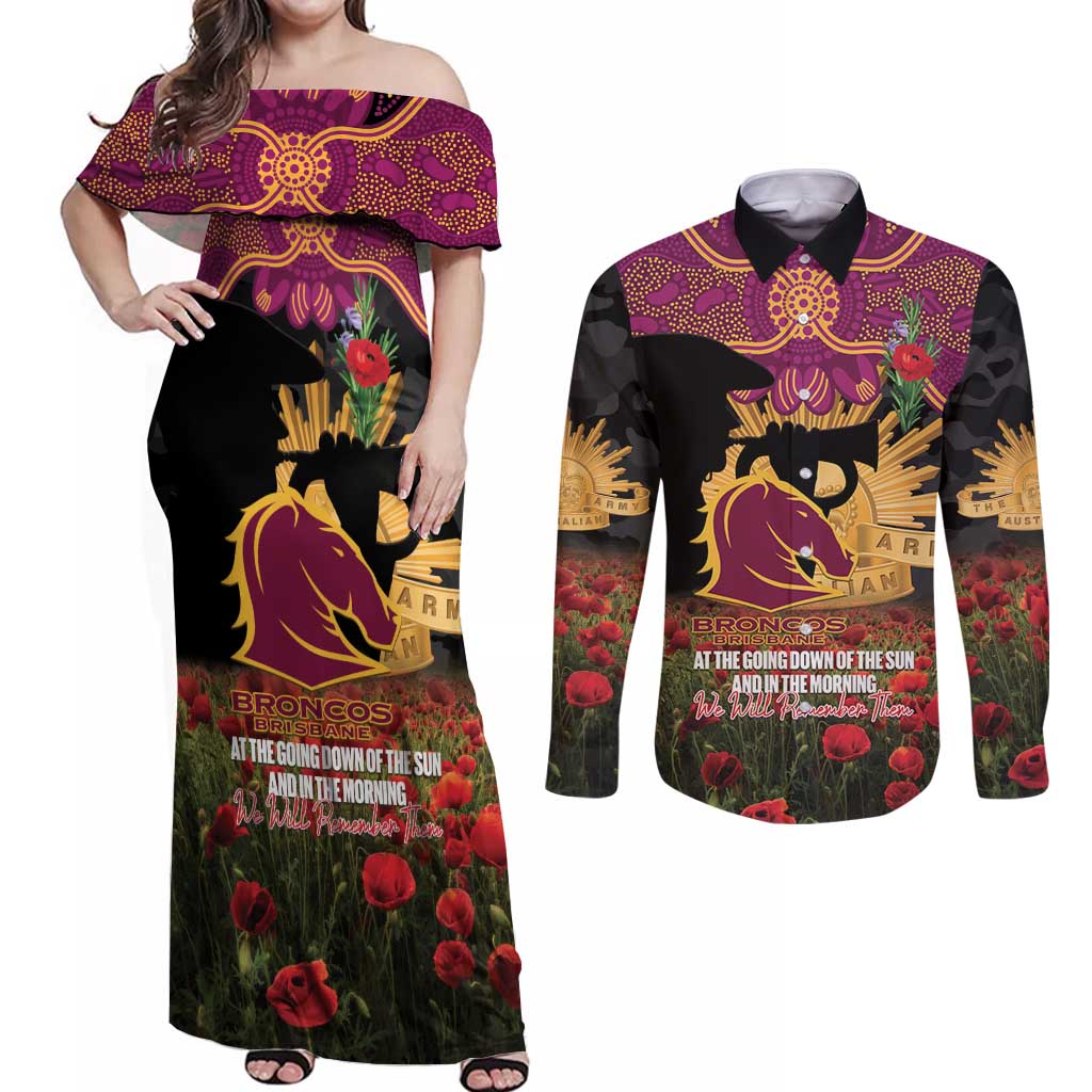 Personalised Brisbane Broncos Rugby ANZAC Day Couples Matching Off Shoulder Maxi Dress and Long Sleeve Button Shirt Last Post Poppy We Will Remember Them