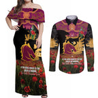 Personalised Brisbane Broncos Rugby ANZAC Day Couples Matching Off Shoulder Maxi Dress and Long Sleeve Button Shirt Last Post Poppy We Will Remember Them