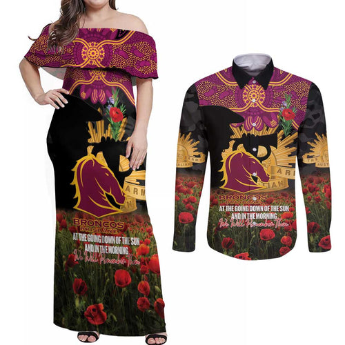 Personalised Brisbane Broncos Rugby ANZAC Day Couples Matching Off Shoulder Maxi Dress and Long Sleeve Button Shirt Last Post Poppy We Will Remember Them