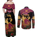 Personalised Brisbane Broncos Rugby ANZAC Day Couples Matching Off Shoulder Maxi Dress and Long Sleeve Button Shirt Last Post Poppy We Will Remember Them
