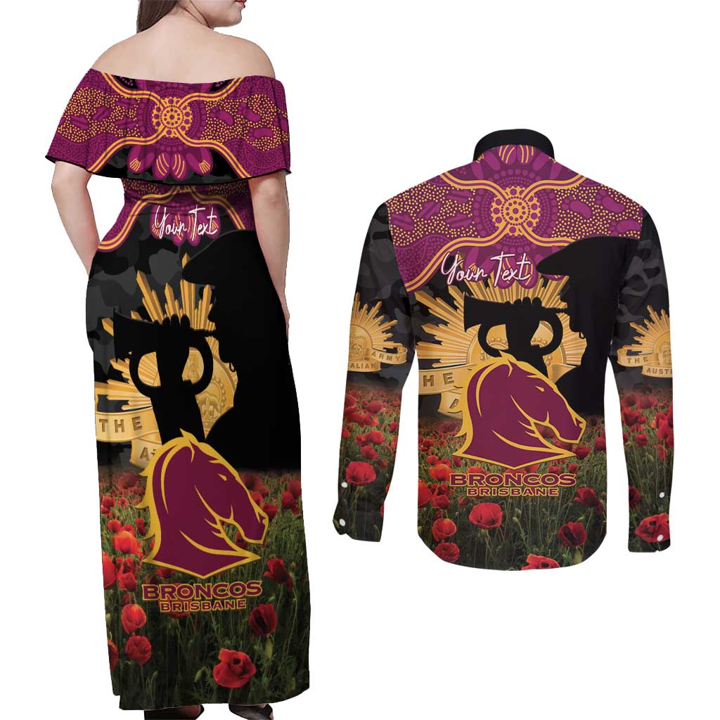 Personalised Brisbane Broncos Rugby ANZAC Day Couples Matching Off Shoulder Maxi Dress and Long Sleeve Button Shirt Last Post Poppy We Will Remember Them