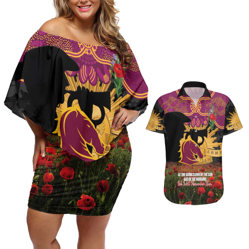 Personalised Brisbane Broncos Rugby ANZAC Day Couples Matching Off Shoulder Short Dress and Hawaiian Shirt Last Post Poppy We Will Remember Them