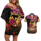Personalised Brisbane Broncos Rugby ANZAC Day Couples Matching Off Shoulder Short Dress and Hawaiian Shirt Last Post Poppy We Will Remember Them