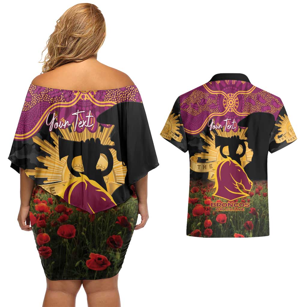 Personalised Brisbane Broncos Rugby ANZAC Day Couples Matching Off Shoulder Short Dress and Hawaiian Shirt Last Post Poppy We Will Remember Them