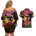 Personalised Brisbane Broncos Rugby ANZAC Day Couples Matching Off Shoulder Short Dress and Hawaiian Shirt Last Post Poppy We Will Remember Them