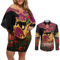 Personalised Brisbane Broncos Rugby ANZAC Day Couples Matching Off Shoulder Short Dress and Long Sleeve Button Shirt Last Post Poppy We Will Remember Them