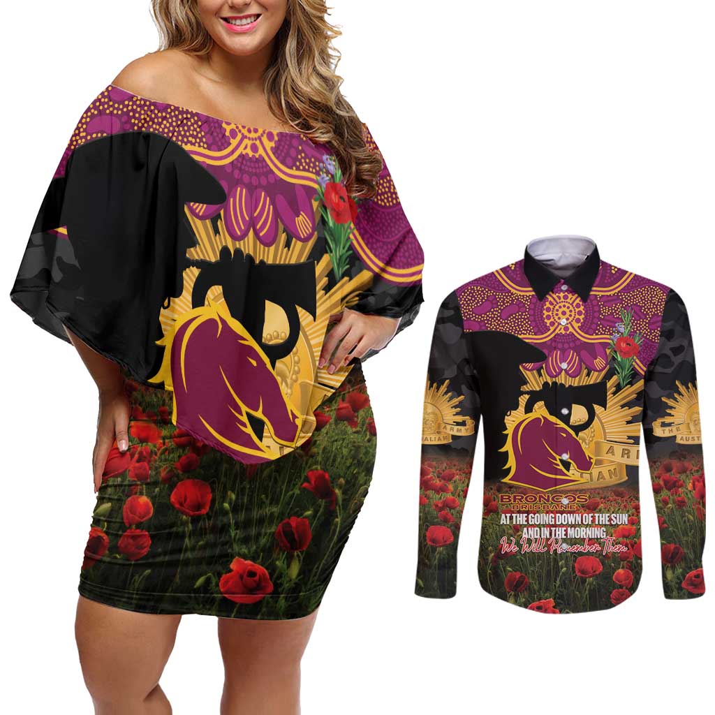 Personalised Brisbane Broncos Rugby ANZAC Day Couples Matching Off Shoulder Short Dress and Long Sleeve Button Shirt Last Post Poppy We Will Remember Them