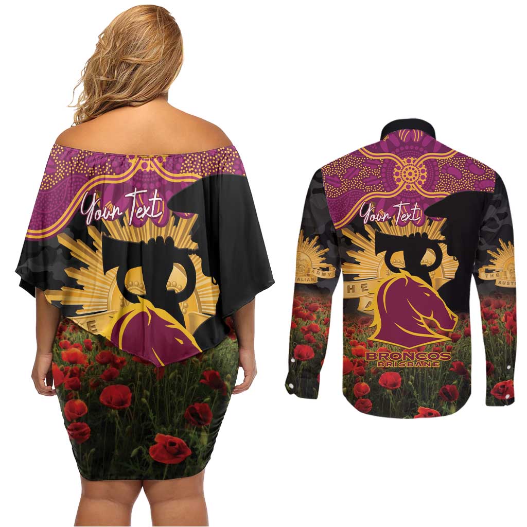 Personalised Brisbane Broncos Rugby ANZAC Day Couples Matching Off Shoulder Short Dress and Long Sleeve Button Shirt Last Post Poppy We Will Remember Them