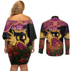 Personalised Brisbane Broncos Rugby ANZAC Day Couples Matching Off Shoulder Short Dress and Long Sleeve Button Shirt Last Post Poppy We Will Remember Them