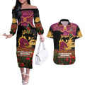 Personalised Brisbane Broncos Rugby ANZAC Day Couples Matching Off The Shoulder Long Sleeve Dress and Hawaiian Shirt Last Post Poppy We Will Remember Them