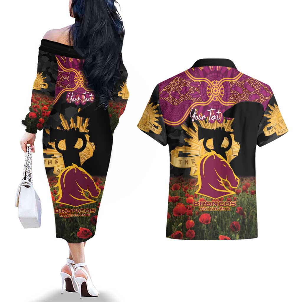Personalised Brisbane Broncos Rugby ANZAC Day Couples Matching Off The Shoulder Long Sleeve Dress and Hawaiian Shirt Last Post Poppy We Will Remember Them