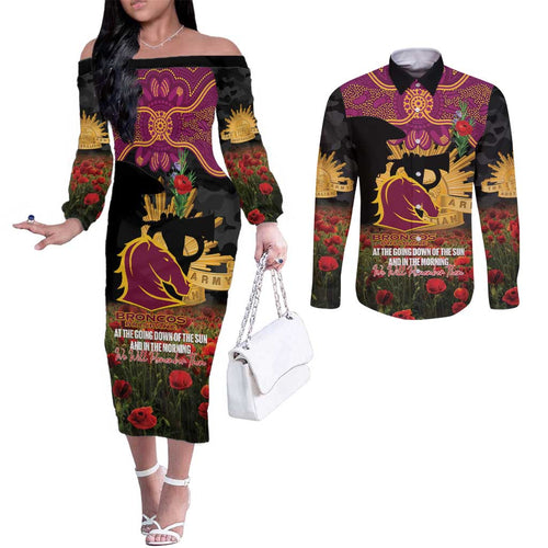 Personalised Brisbane Broncos Rugby ANZAC Day Couples Matching Off The Shoulder Long Sleeve Dress and Long Sleeve Button Shirt Last Post Poppy We Will Remember Them