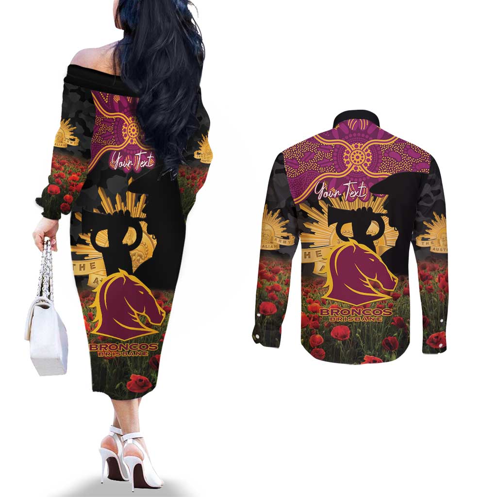 Personalised Brisbane Broncos Rugby ANZAC Day Couples Matching Off The Shoulder Long Sleeve Dress and Long Sleeve Button Shirt Last Post Poppy We Will Remember Them