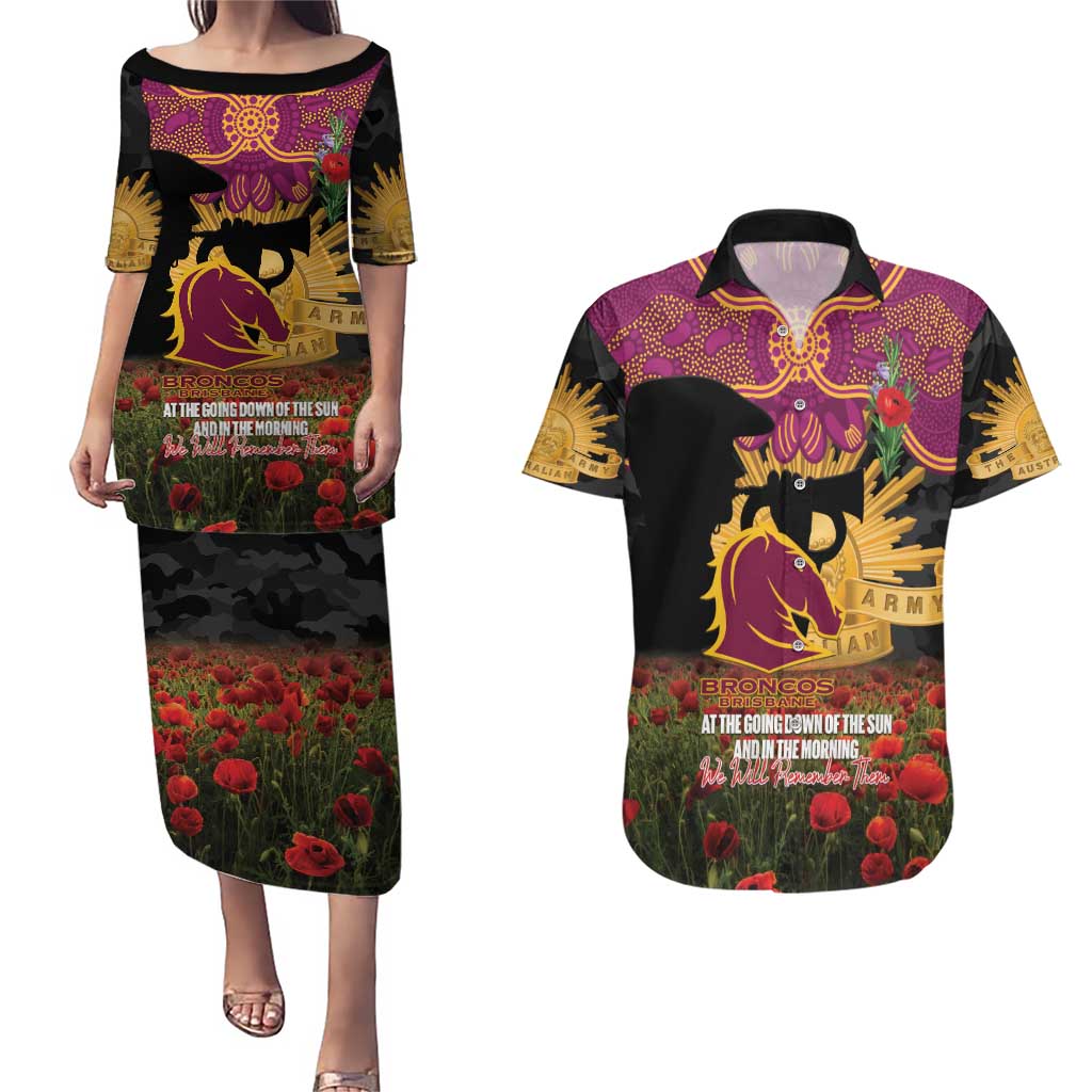 Personalised Brisbane Broncos Rugby ANZAC Day Couples Matching Puletasi and Hawaiian Shirt Last Post Poppy We Will Remember Them