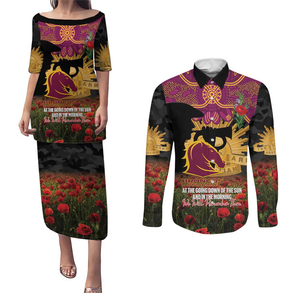 Personalised Brisbane Broncos Rugby ANZAC Day Couples Matching Puletasi and Long Sleeve Button Shirt Last Post Poppy We Will Remember Them
