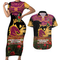 Personalised Brisbane Broncos Rugby ANZAC Day Couples Matching Short Sleeve Bodycon Dress and Hawaiian Shirt Last Post Poppy We Will Remember Them