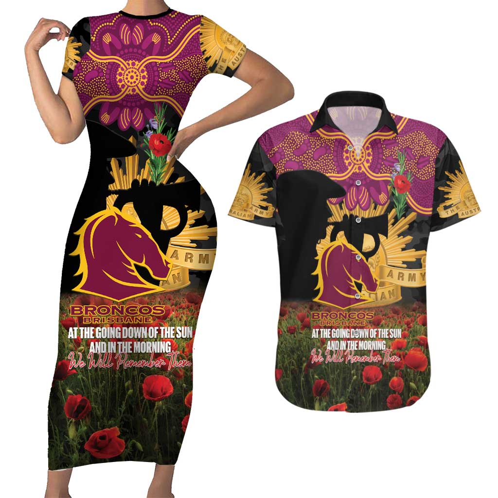 Personalised Brisbane Broncos Rugby ANZAC Day Couples Matching Short Sleeve Bodycon Dress and Hawaiian Shirt Last Post Poppy We Will Remember Them