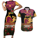 Personalised Brisbane Broncos Rugby ANZAC Day Couples Matching Short Sleeve Bodycon Dress and Hawaiian Shirt Last Post Poppy We Will Remember Them