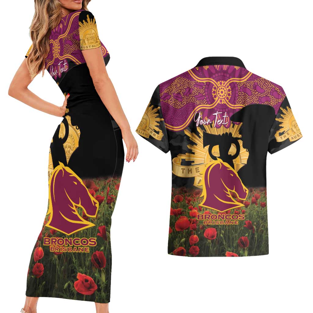 Personalised Brisbane Broncos Rugby ANZAC Day Couples Matching Short Sleeve Bodycon Dress and Hawaiian Shirt Last Post Poppy We Will Remember Them