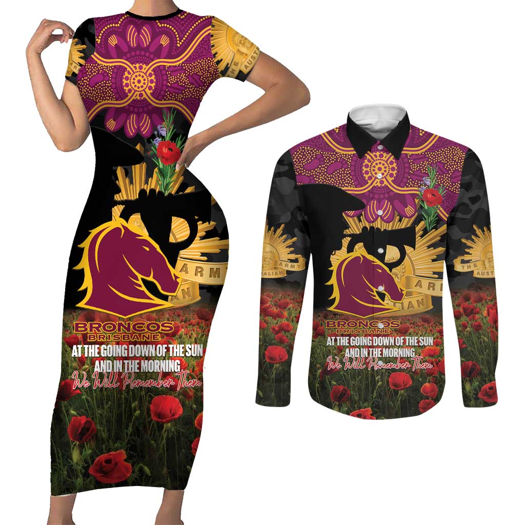 Personalised Brisbane Broncos Rugby ANZAC Day Couples Matching Short Sleeve Bodycon Dress and Long Sleeve Button Shirt Last Post Poppy We Will Remember Them