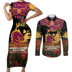 Personalised Brisbane Broncos Rugby ANZAC Day Couples Matching Short Sleeve Bodycon Dress and Long Sleeve Button Shirt Last Post Poppy We Will Remember Them