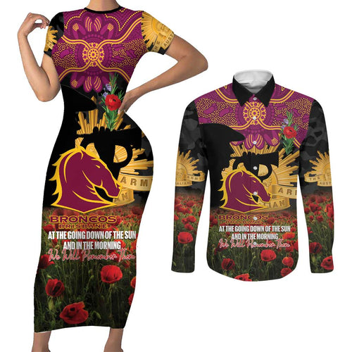 Personalised Brisbane Broncos Rugby ANZAC Day Couples Matching Short Sleeve Bodycon Dress and Long Sleeve Button Shirt Last Post Poppy We Will Remember Them