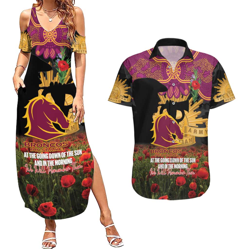 Personalised Brisbane Broncos Rugby ANZAC Day Couples Matching Summer Maxi Dress and Hawaiian Shirt Last Post Poppy We Will Remember Them