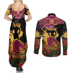 Personalised Brisbane Broncos Rugby ANZAC Day Couples Matching Summer Maxi Dress and Long Sleeve Button Shirt Last Post Poppy We Will Remember Them