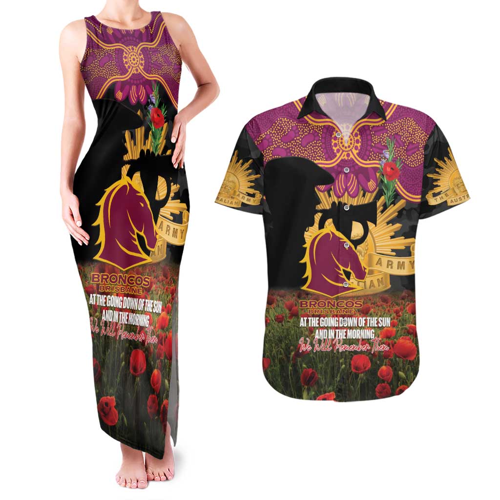 Personalised Brisbane Broncos Rugby ANZAC Day Couples Matching Tank Maxi Dress and Hawaiian Shirt Last Post Poppy We Will Remember Them