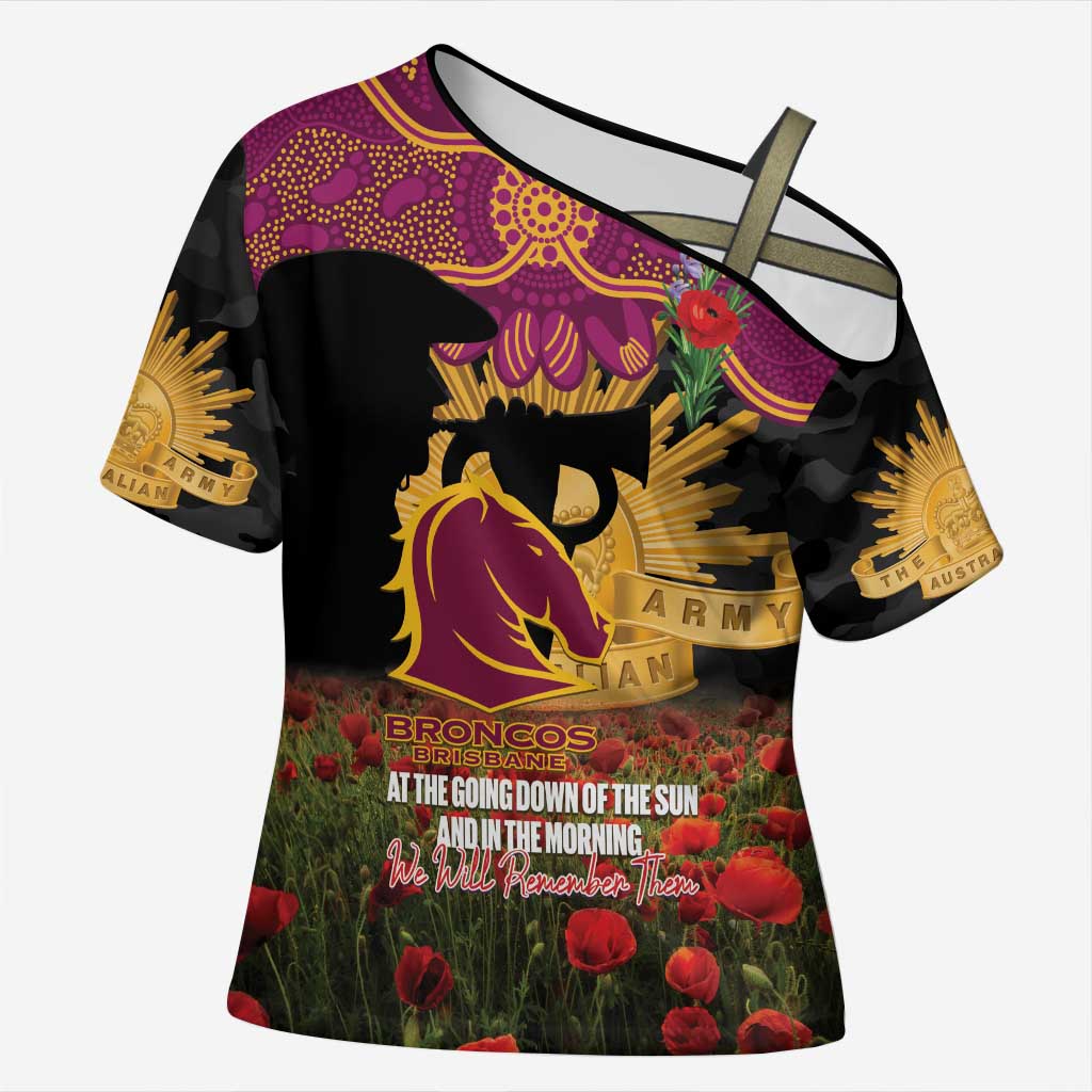 Personalised Brisbane Broncos Rugby ANZAC Day Cross Shoulder Shirt Last Post Poppy We Will Remember Them