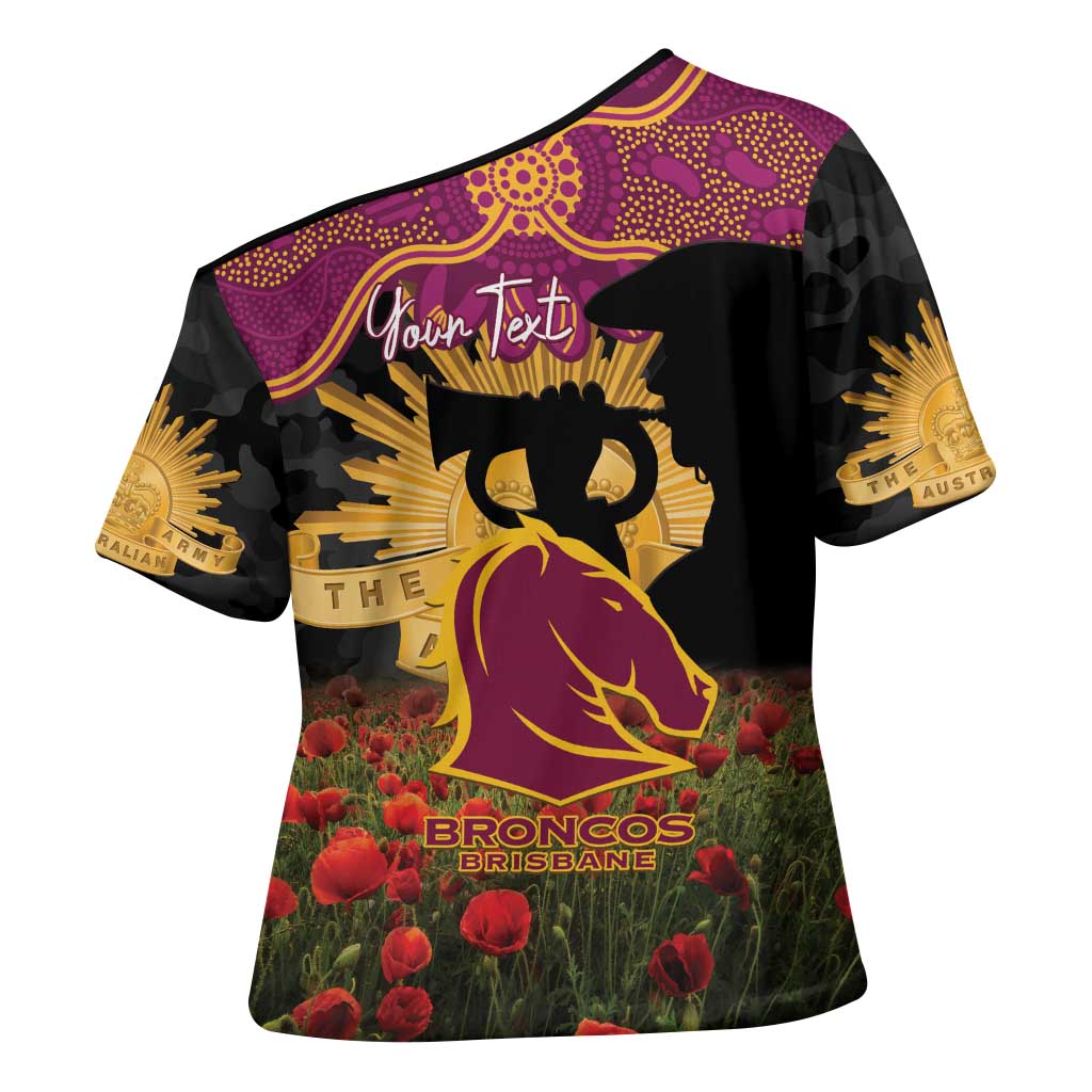 Personalised Brisbane Broncos Rugby ANZAC Day Cross Shoulder Shirt Last Post Poppy We Will Remember Them