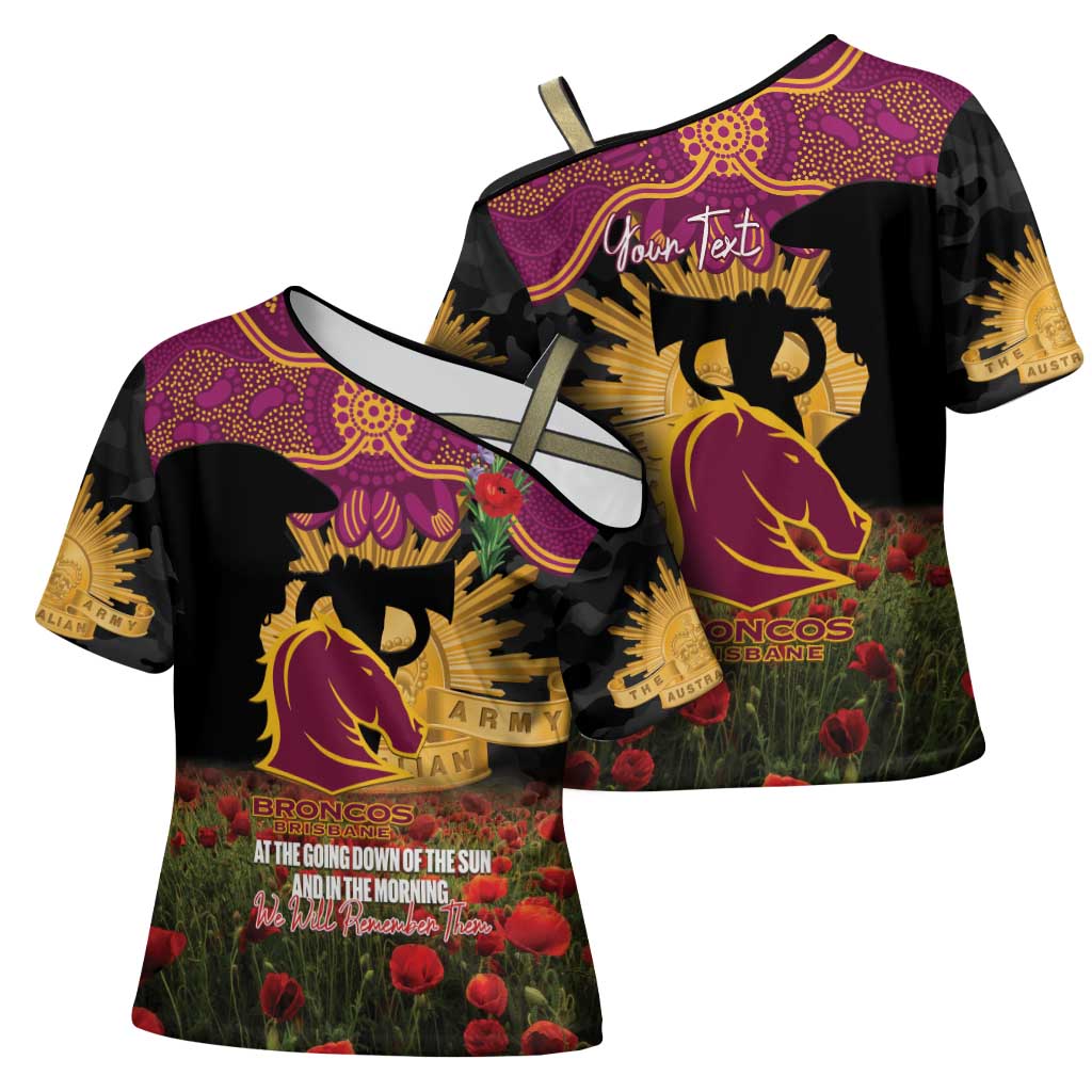Personalised Brisbane Broncos Rugby ANZAC Day Cross Shoulder Shirt Last Post Poppy We Will Remember Them