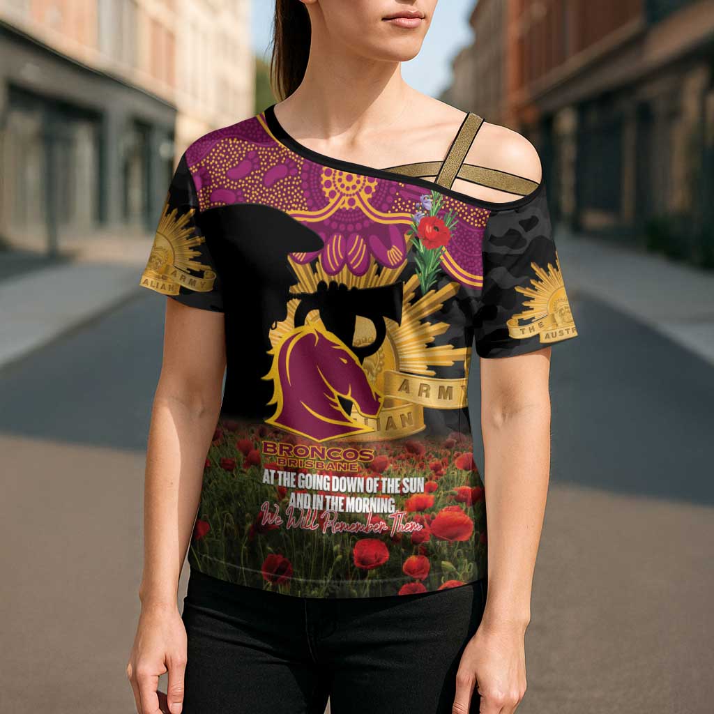 Personalised Brisbane Broncos Rugby ANZAC Day Cross Shoulder Shirt Last Post Poppy We Will Remember Them