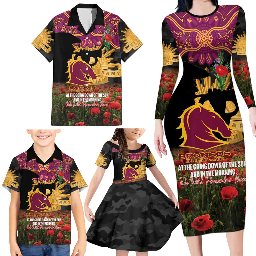 Personalised Brisbane Broncos Rugby ANZAC Day Family Matching Long Sleeve Bodycon Dress and Hawaiian Shirt Last Post Poppy We Will Remember Them