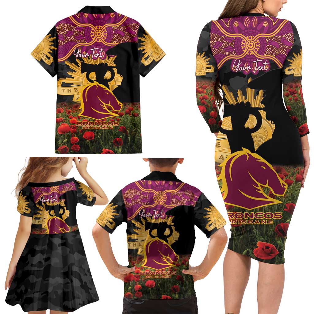 Personalised Brisbane Broncos Rugby ANZAC Day Family Matching Long Sleeve Bodycon Dress and Hawaiian Shirt Last Post Poppy We Will Remember Them