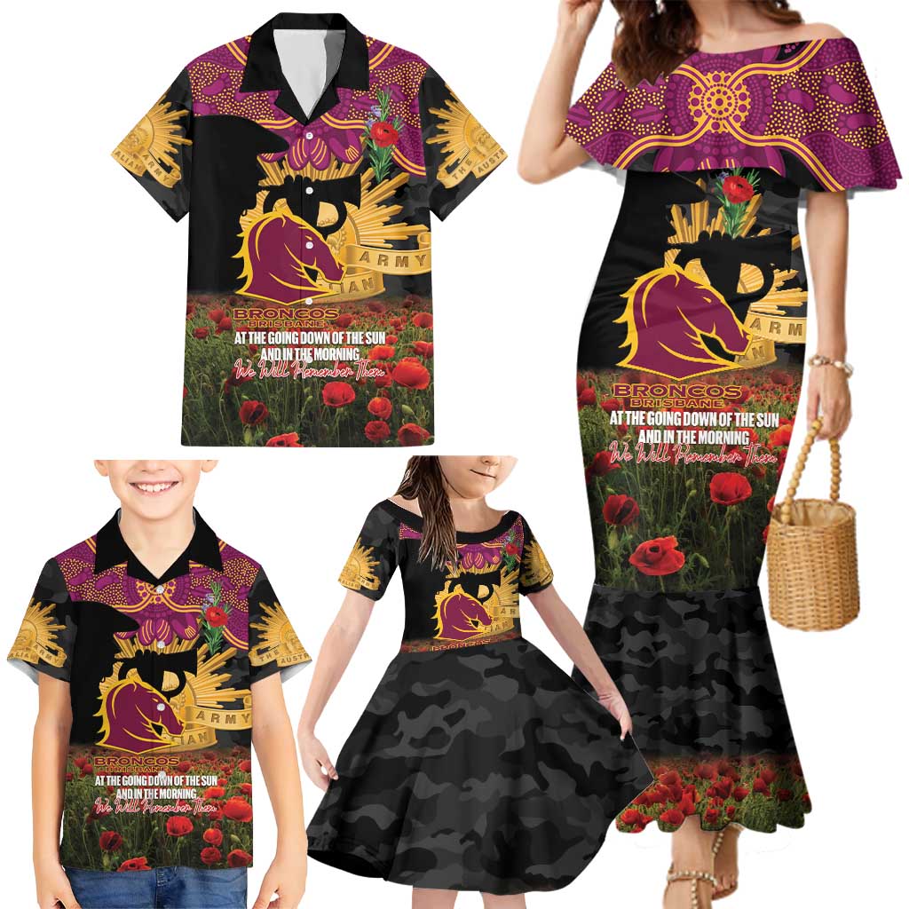 Personalised Brisbane Broncos Rugby ANZAC Day Family Matching Mermaid Dress and Hawaiian Shirt Last Post Poppy We Will Remember Them