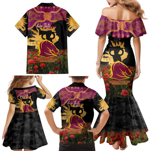 Personalised Brisbane Broncos Rugby ANZAC Day Family Matching Mermaid Dress and Hawaiian Shirt Last Post Poppy We Will Remember Them