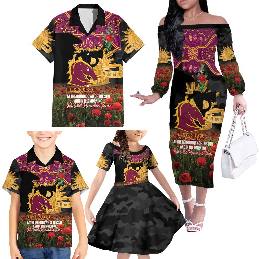 Personalised Brisbane Broncos Rugby ANZAC Day Family Matching Off The Shoulder Long Sleeve Dress and Hawaiian Shirt Last Post Poppy We Will Remember Them