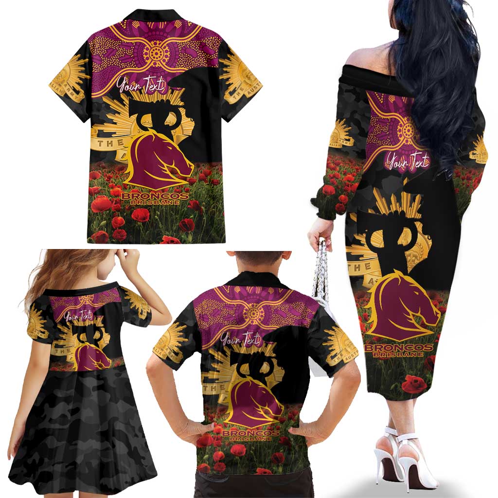 Personalised Brisbane Broncos Rugby ANZAC Day Family Matching Off The Shoulder Long Sleeve Dress and Hawaiian Shirt Last Post Poppy We Will Remember Them