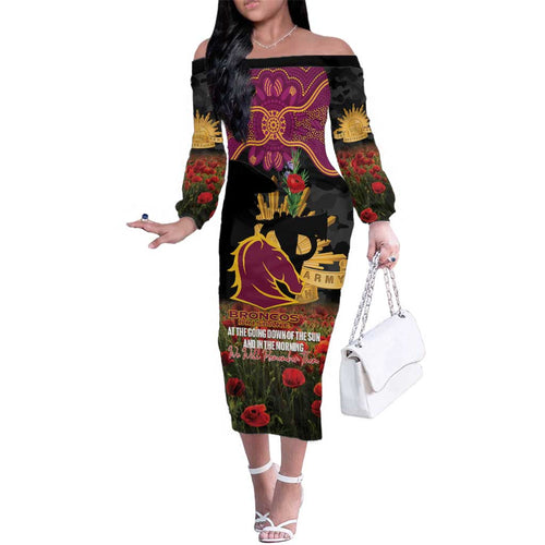Personalised Brisbane Broncos Rugby ANZAC Day Family Matching Off The Shoulder Long Sleeve Dress and Hawaiian Shirt Last Post Poppy We Will Remember Them