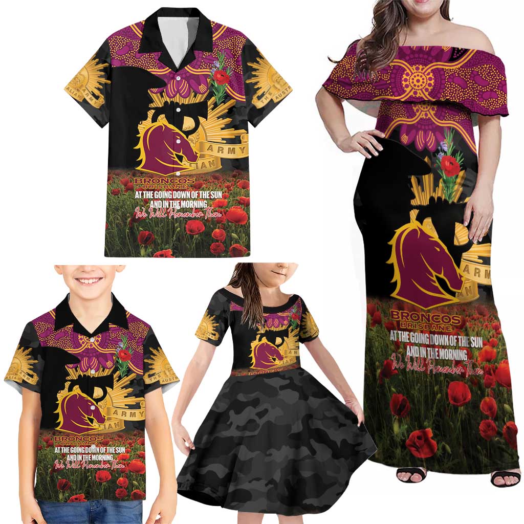 Personalised Brisbane Broncos Rugby ANZAC Day Family Matching Off Shoulder Maxi Dress and Hawaiian Shirt Last Post Poppy We Will Remember Them