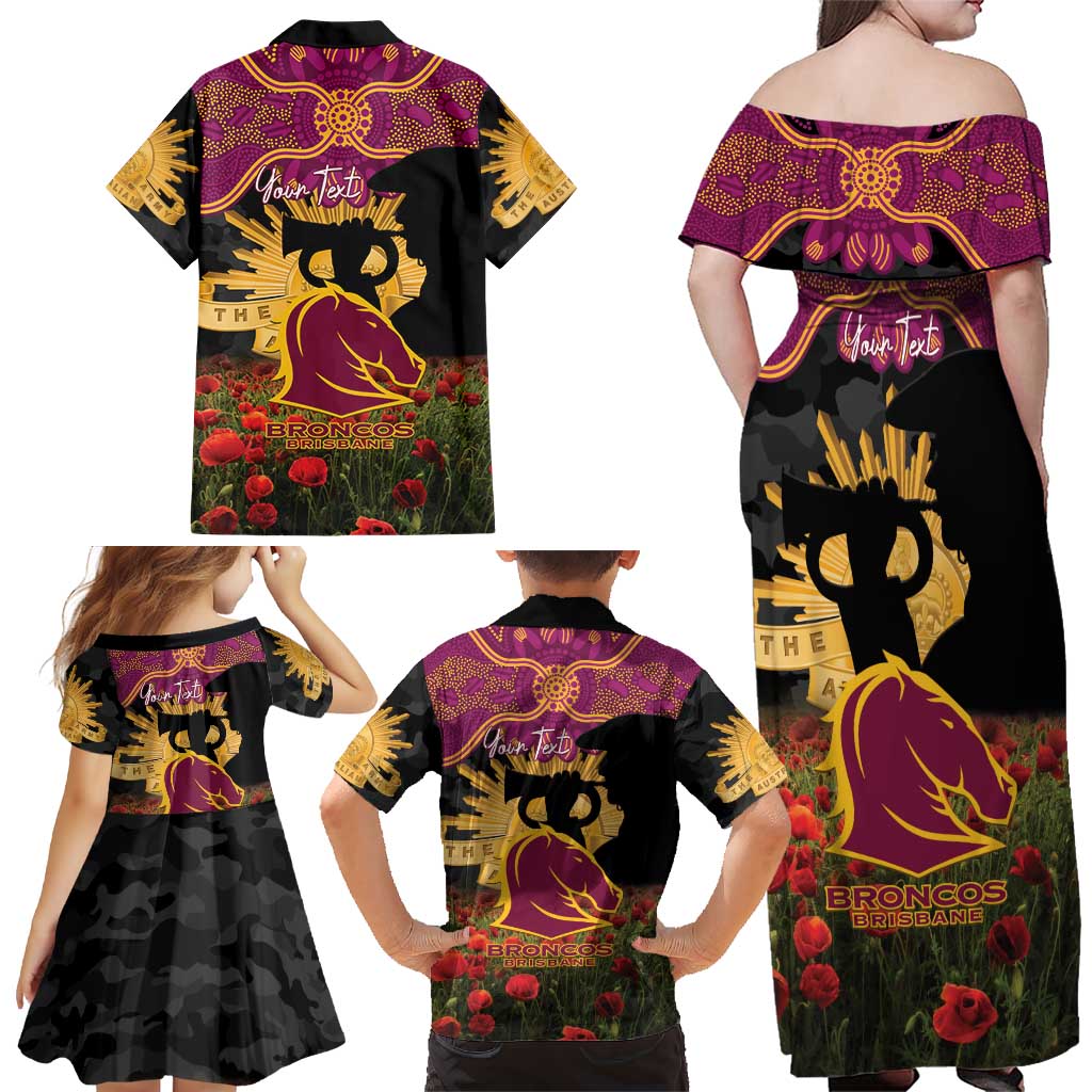 Personalised Brisbane Broncos Rugby ANZAC Day Family Matching Off Shoulder Maxi Dress and Hawaiian Shirt Last Post Poppy We Will Remember Them